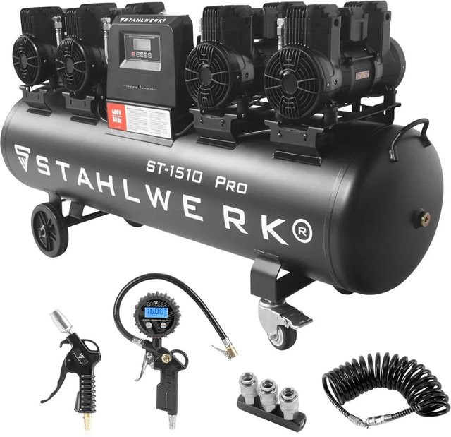 STAHLWERK Kompressor Set mit 150 l Tank und 10 bar Druck, inklusive Reifenfüller, Schlauch, Pistole und Verteiler, Schwarz - Bild 1
