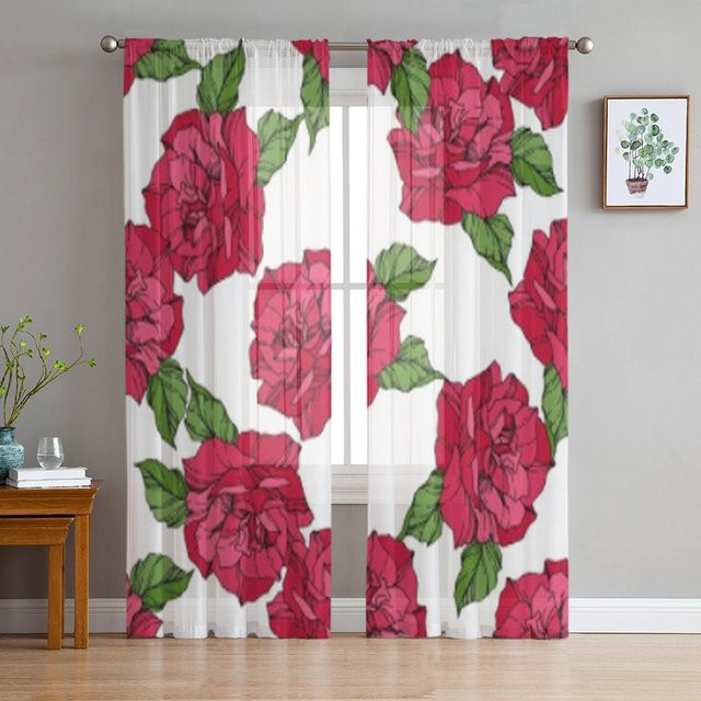 Super Six Transparente Tüll-Vorhänge mit floralem Frühlingsblatt-Design in Pink, Breite: 135 cm, Höhe: 114 cm - Bild 1