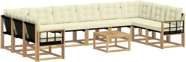 vidaXL Outdoor-Sofagarnitur aus Akazienholz mit 11 Kissen in Weiß und Beige - Bild 1