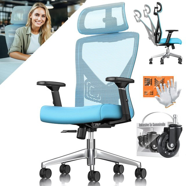 Ergonomischer KESSER Bürostuhl mit verstellbaren Armlehnen, Kopfstütze und Lendenwirbelstütze, Drehstuhl mit Wippfunktion und Gummirollen - Bild 1
