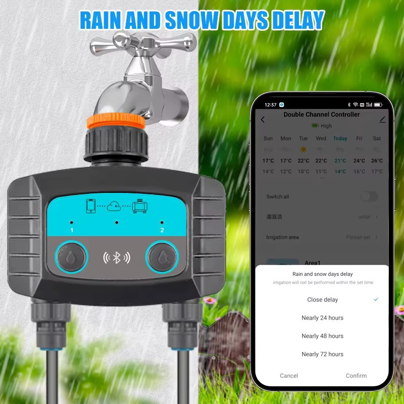 Tuya Smart Gartenbewässerungstimer mit 2 Ausgängen, drahtloser WiFi-Bewässerungsregler für automatische Tropfbewässerung, kompatibel mit der Tuya App, Schwarz/Grau - Bild 3