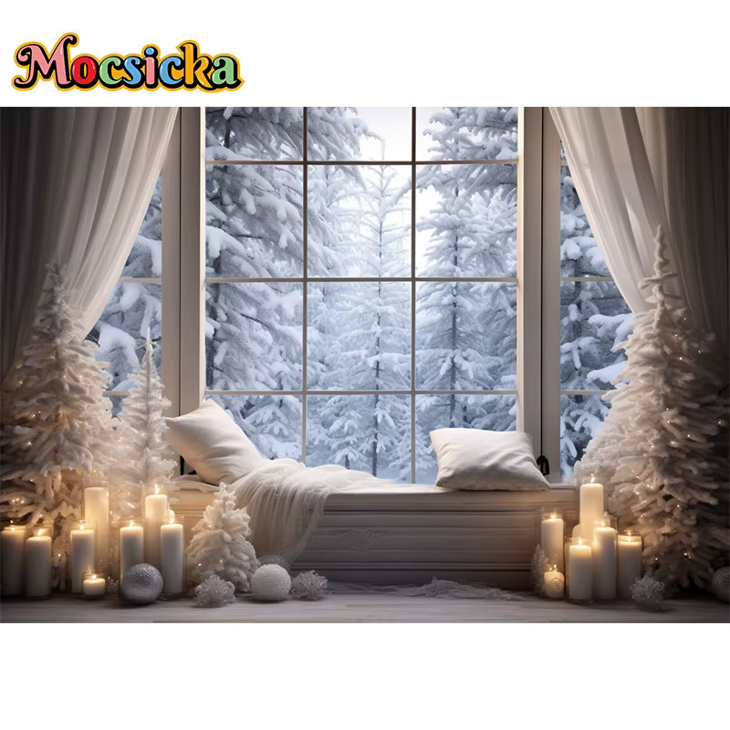 MOCSICKA Fotohintergrund Winterhaus mit Weihnachtsbaum und Schnee in Weiß für Studio-Fotografie und Innendekoration - Bild 4