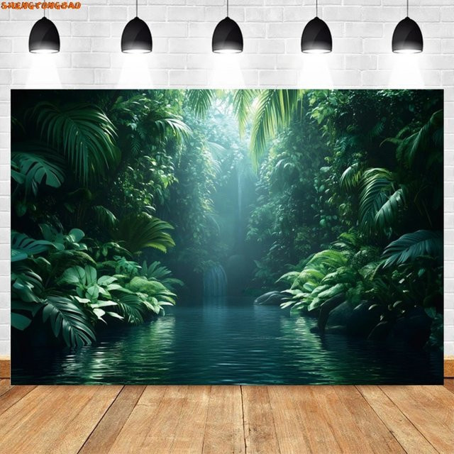 VIKAMA Wandteppich mit nebligem Regenwald und tropischen Pflanzen in Grün im Boho-Stil - Bild 1