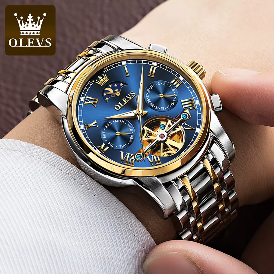 OLEVS Herrenarmbanduhr, Automatik, Mondphase, Edelstahl, Blau, Herren - Bild 5