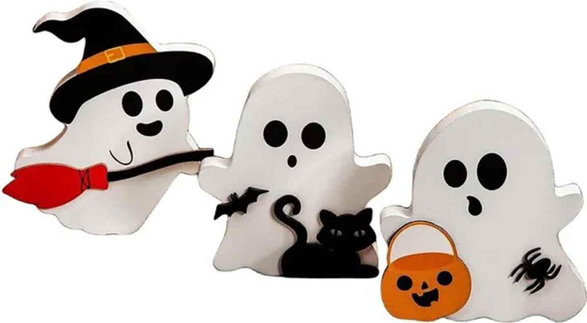 3er Set Halloween Deko aus Holz mit Geistern, Schwarzer Katze, Fledermaus und Hexe von OutsideWorld in Weiß und Schwarz - Bild 1