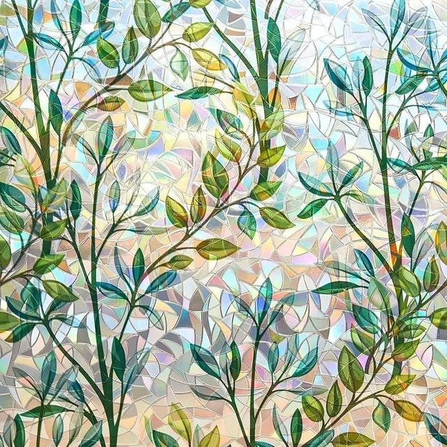 Klebstofffreie Milchglasfolie mit 3D-Laser-Blatt-Mimose-Design als Sichtschutz und Lichtfilter für Fenster, Grün, Breite: 90 cm, Länge: 400 cm - Bild 1