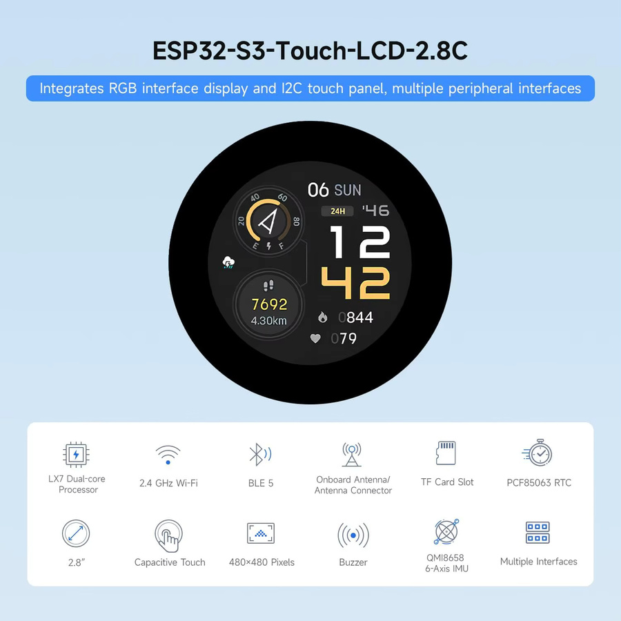 Waveshare ESP32-S3 Rundes LCD-Entwicklungsboard mit 2,8 Zoll IPS Touchscreen in Schwarz - Bild 2
