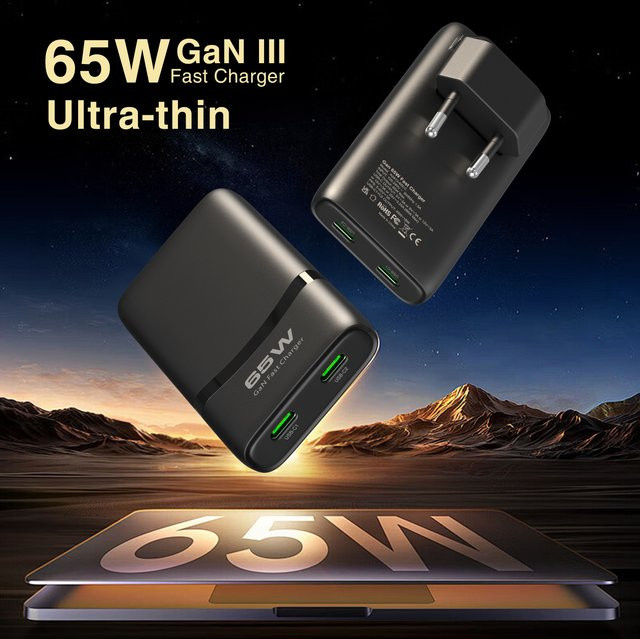 Deepartner 65W GaN USB-C Schnellladegerät mit Dual-Port und faltbarem Stecker, Schwarz - Bild 1