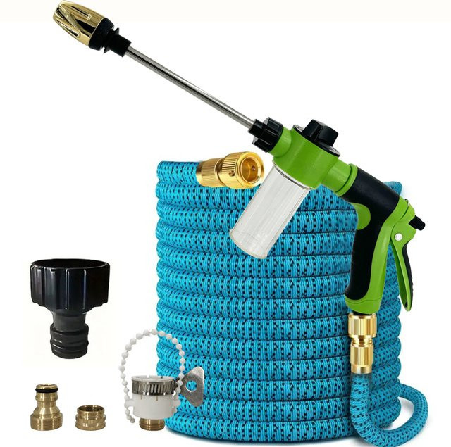FLOWERS SPRAL Hochdruck-Dehnschlauch mit Metallverbindung und Sprinklerkopf in Blau zum Gießen und Reinigen - Bild 1