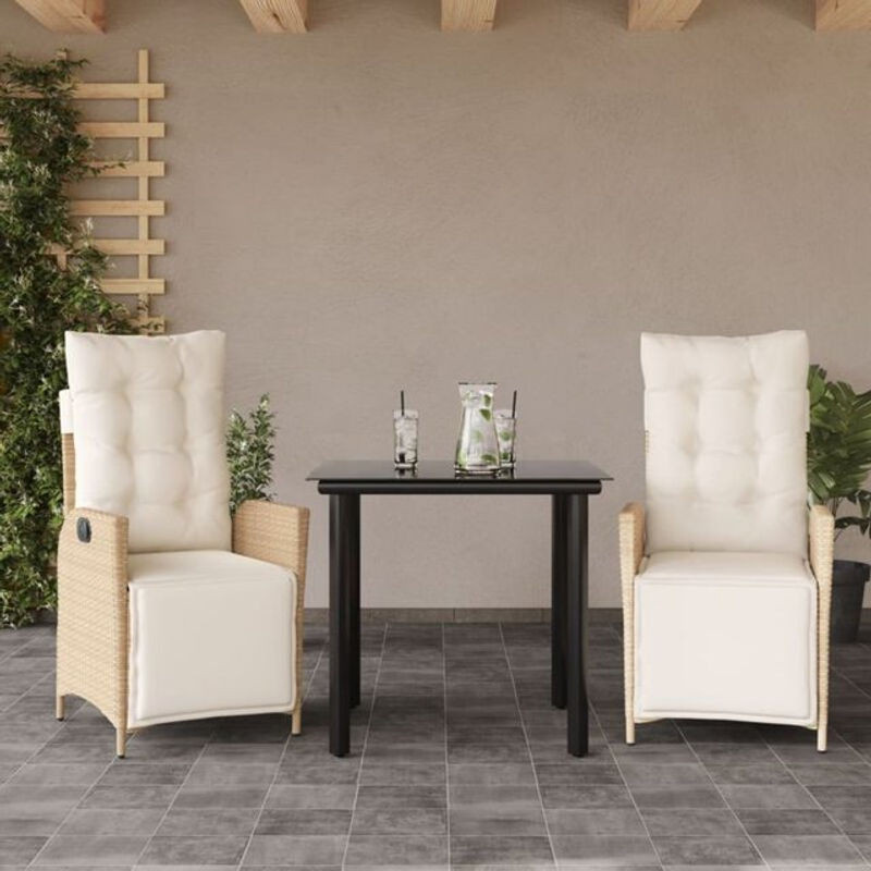 3-teilige Garten-Essgruppe aus Poly-Rattan mit Glasplatte und Kissen in Beige von vidaxl - Bild 1