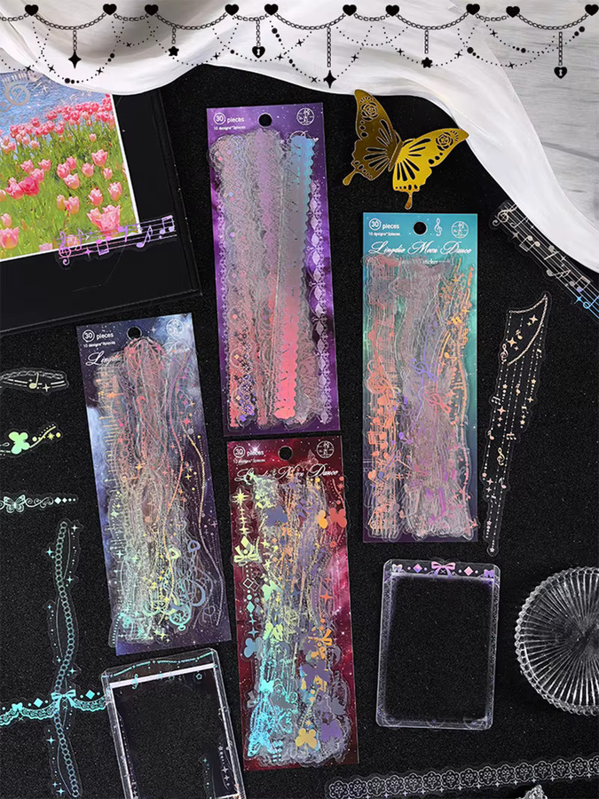 120 Stück Spitzenstickerei-Aufkleber in Multicolour mit holografischem Glitzer aus wasserfestem PET für dein DIY-Sammelalbum, Grußkarten und Fotorahmen-Dekorationen - Bild 4