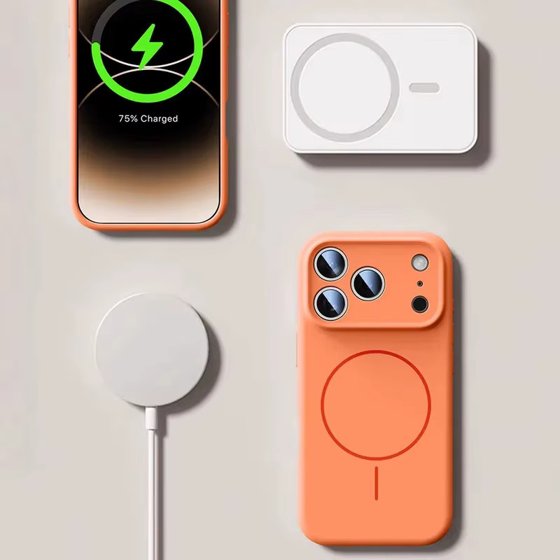 MagSafe Flüssigsilikon-Handyhülle für Apple iPhone 12 bis 17 Pro Max und Plus in Lila und Orange - Bild 3