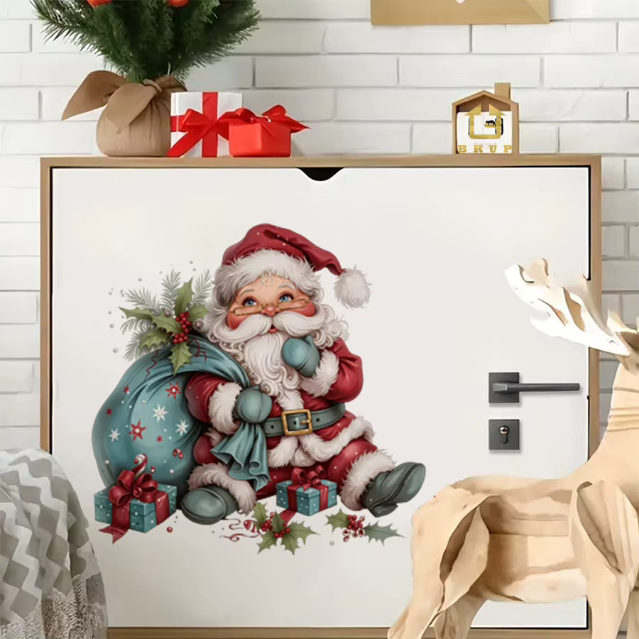 BRUP Weihnachts-Wandaufkleber mit Weihnachtsmann und blauem Geschenksack, selbstklebende Weihnachtsdekoration für Wohnzimmer und Schlafzimmer, mehrfarbig - Bild 3
