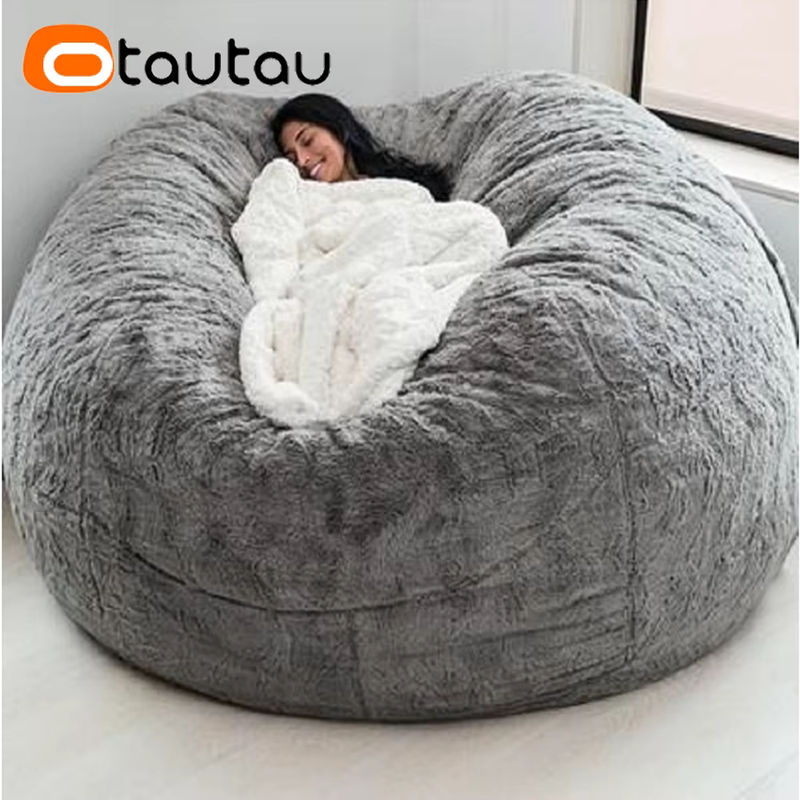 OTAUTAU Sitzsackbezug aus flauschigem Kunsthasenfell, Riesiger Pouf-Bezug DD003, Durchmesser: 152,4 cm (ohne Füllung) - Bild 5