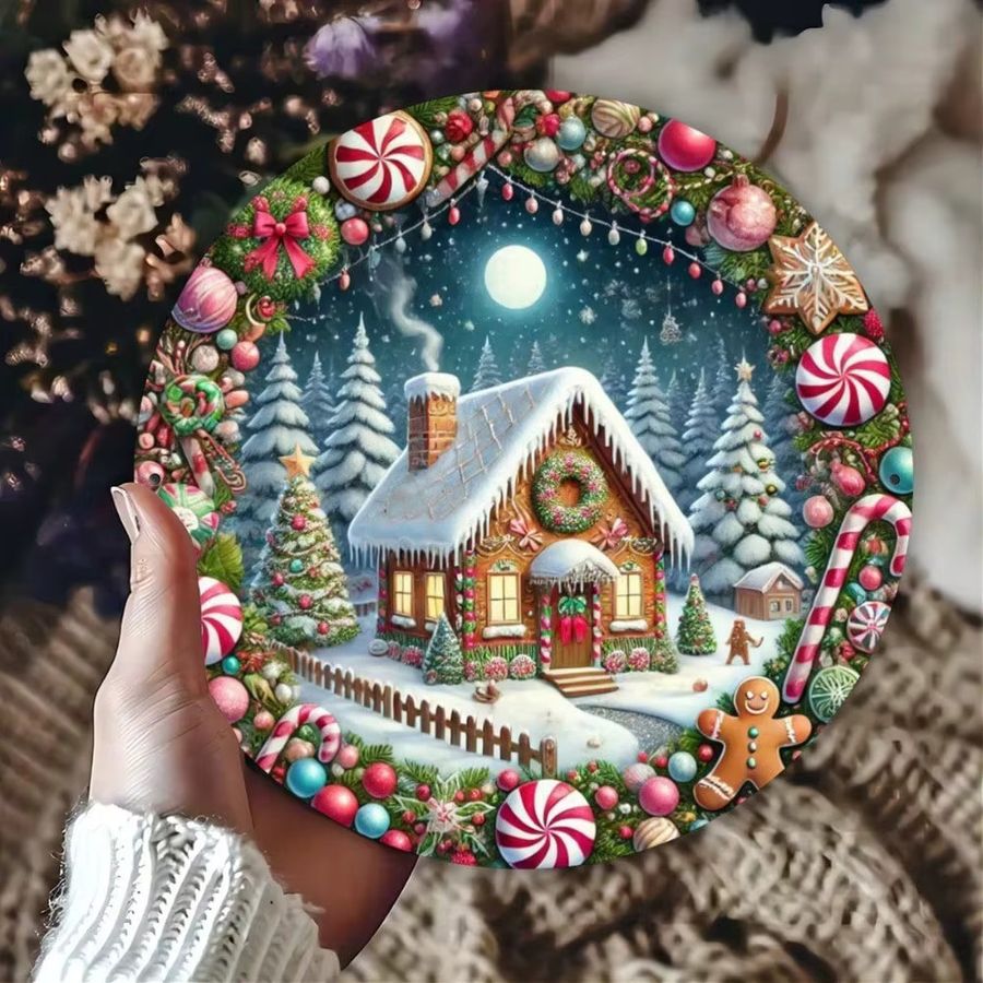 HELLOYOUNG Weihnachtsdekoration Lebkuchenhaus Wandschild aus Metall, runde Weihnachtsdekoration aus Eisen in Multicolor - Bild 2
