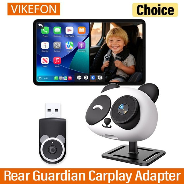 VIKEFON Cabin Care Wireless CarPlay Adapter mit 1080P HD Baby-Autokamera und 150 Grad Weitwinkel-Nachtsicht-Rückfahrmonitor in Weiß - Bild 1