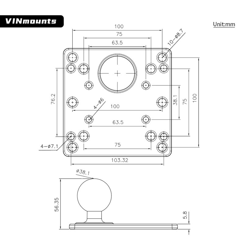 VINmounts 1,5-Zoll-Kugelhalterung mit 100x100mm VESA-Platte und quadratischer Basis für Monitor und TV in Schwarz - Bild 2