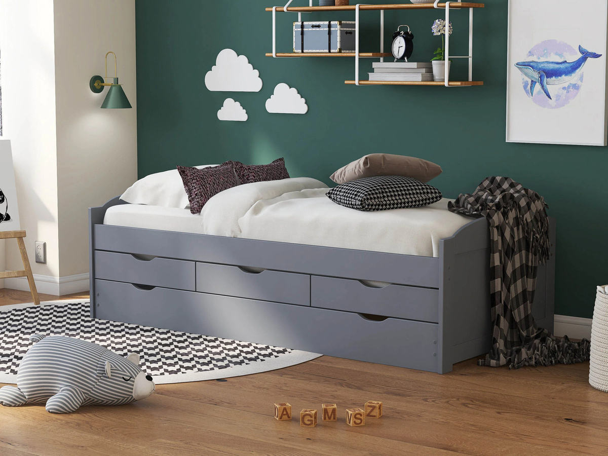 INTER LINK Funktionsbett Marinella/Ulli/Lena aus Kiefer Massivholz in Grau mit Schubladen, B/T/H: 90 x 200 x 100 cm - Bild 2