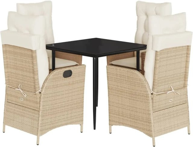 vidaXL 5-teilige Garten-Essgruppe aus Poly Rattan mit Kissen in Beige und Cremeweiß sowie Tisch mit gehärtetem Glas - Bild 1