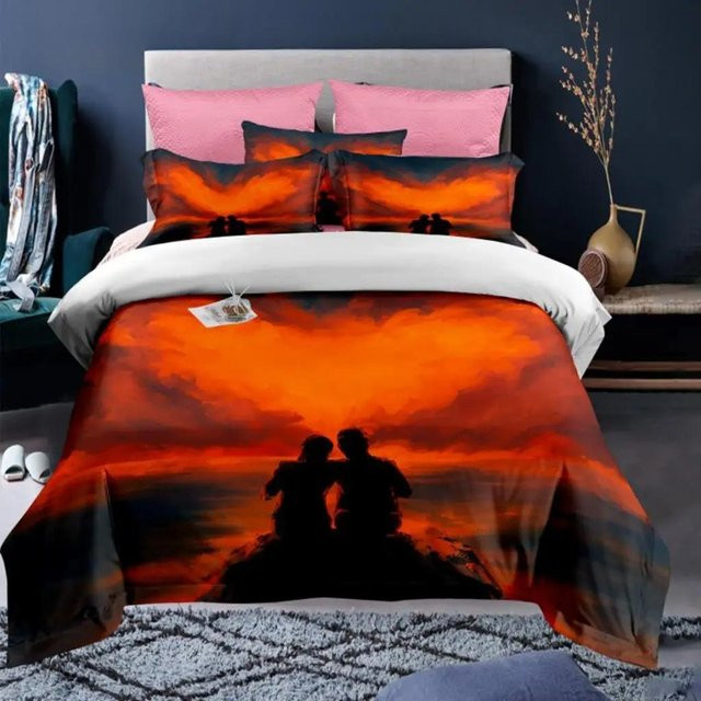 Romantisches Bettbezug-Set mit Rosenmuster und I Love You Design in Rot und Orange, Kingsize-Duvet-Cover und Kissenbezug aus Polyester für Paare, Breite: 133 cm, Länge: 200 cm (Annahme basierend auf Kingsize-Standard, da Originaltext nur 70x133cm angibt, - Bild 1