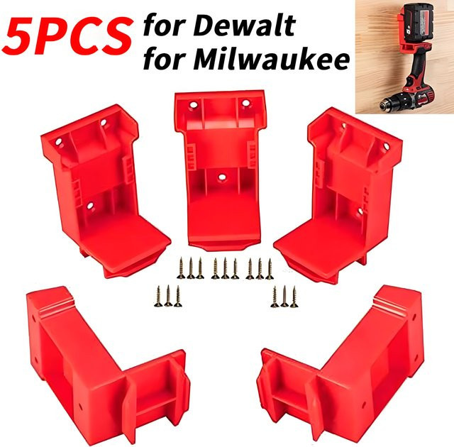 5er Set 2-in-1 Werkzeughalter und Akku-Halterung für DeWalt 20V und Milwaukee M18 18V in Rot - Bild 1