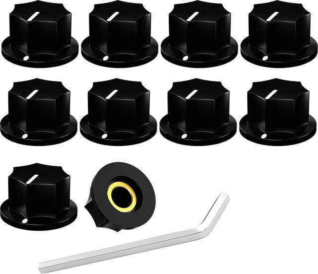 DAIERBUMP 10er Set MXR Stil Rock AMP Knöpfe in Schwarz mit 6,35 mm Einsatz für Gitarren-Potentiometer und Effektpedale aus Messing - Bild 1