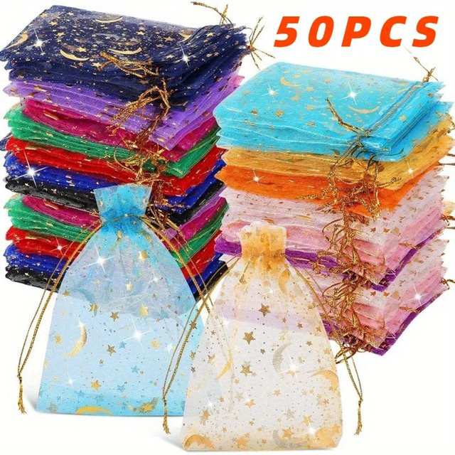 50 Organza Beutel mit Mond und Sternen in Gold für Hochzeiten, Partys und Schmuckverpackungen - Bild 1