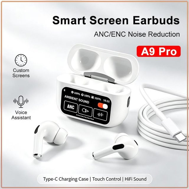 A9 Pro Kabellose In-Ear Ohrhörer mit Smart Touchscreen, ANC Geräuschunterdrückung, HiFi Surround Sound und Echtzeit-Akkustandsanzeige, Typ-C, Weiß - Bild 1