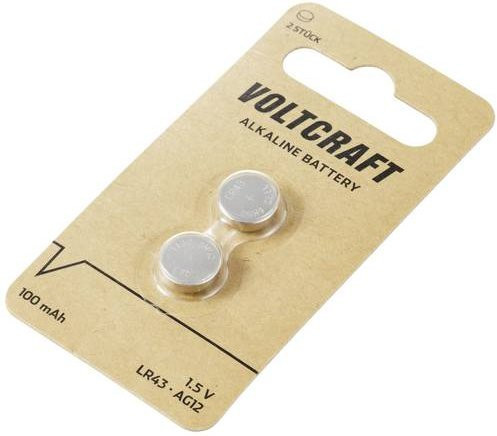 VOLTCRAFT Knopfzelle LR43 1.5V 100 mAh Alkali-Mangan AG12, 2 Stück, Silber - Bild 1