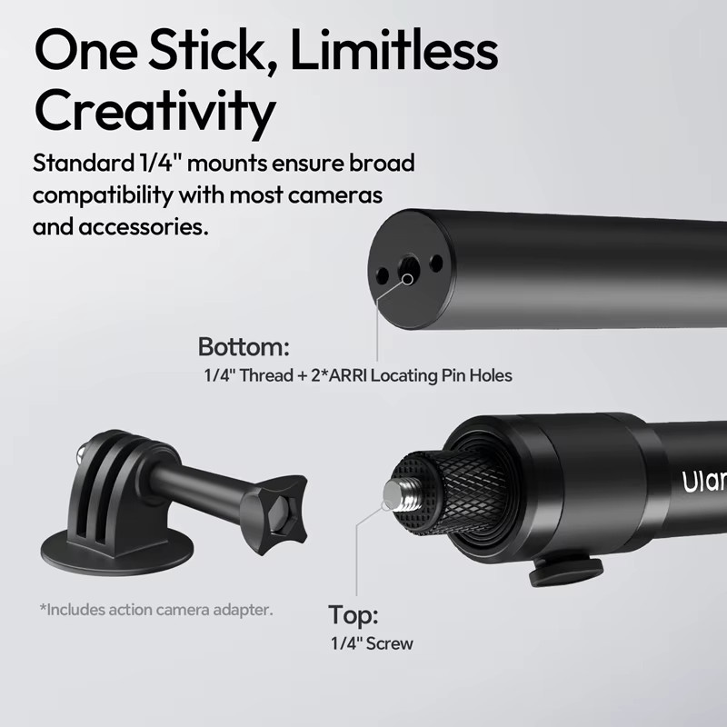 Ulanzi VL04 Selfie Stick Verlängerungsstange mit Rucksackklemme in Schwarz für GoPro Hero, DJI OSMO und Insta360, 1,1 m - Bild 3