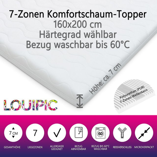 LOUIPIC 7-Zonen Topper mittelfest B/B/H: 160 x 200 x 7 cm mit waschbarem Bezug und Oeko-TEX Standard 100 - Bild 1