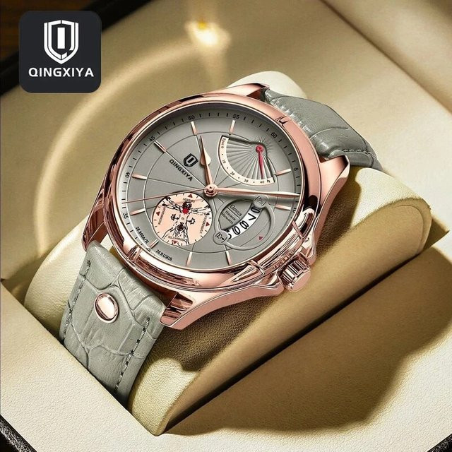 QINGXIYA Armbanduhr Leder, Quarz, Datum, Roségold, Herren - Bild 1