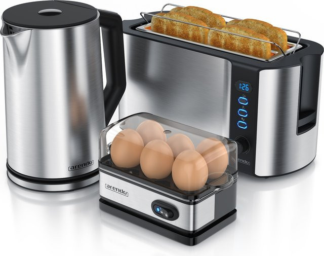 Arendo Frühstücksset in Silber aus Edelstahl mit 1,5 Liter Wasserkocher, 6er Eierkocher und Langschlitztoaster für 4 Scheiben - Bild 1