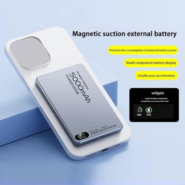 OOTDTY Magnetische kabellose Powerbank F19E mit Schnellladung, 5000 mAh, Grau - Bild 1