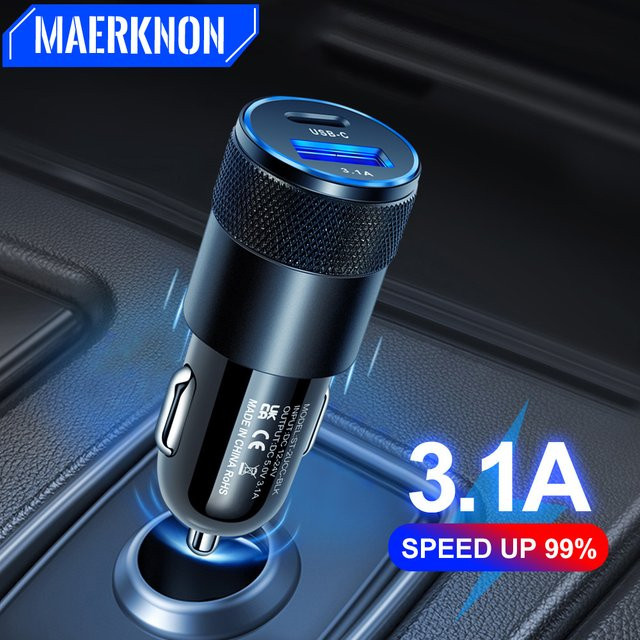 Schnelles USB Auto Ladegerät mit USB-C Anschluss und 3,1 A für iPhone, Samsung, Xiaomi und Huawei in Schwarz - Bild 1