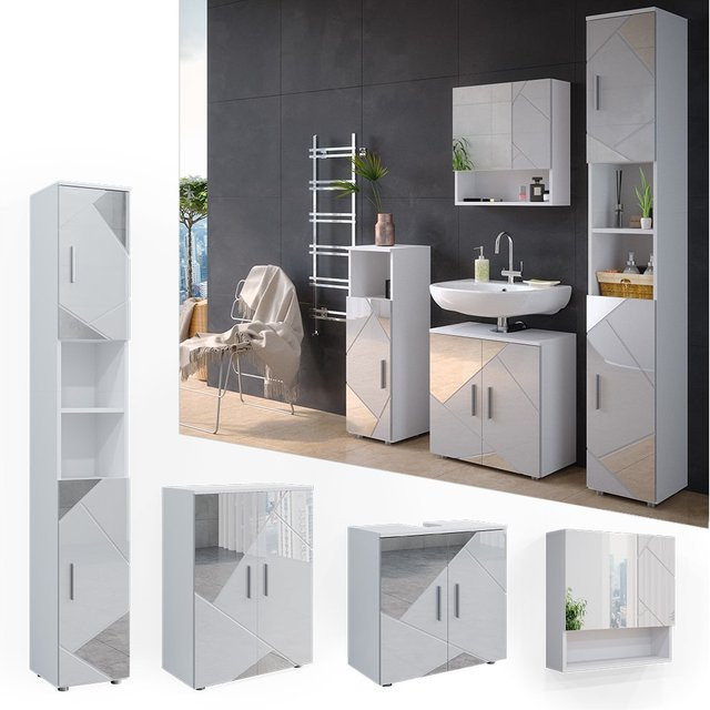 Vicco Badmöbelset Irma in Weiß Hochglanz mit 4-teiligem Set inklusive Spiegelschrank, Hochschrank und Kommode - Bild 1
