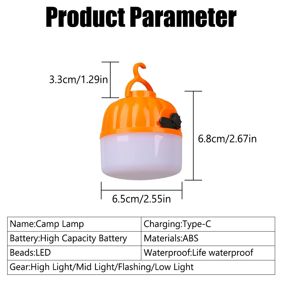 KDULIT LED Camping Mini Kürbis Licht, USB wiederaufladbare Laterne in Orange mit Haken und 4 Modi, tragbares Outdoor Notfall Flutlicht - Bild 6