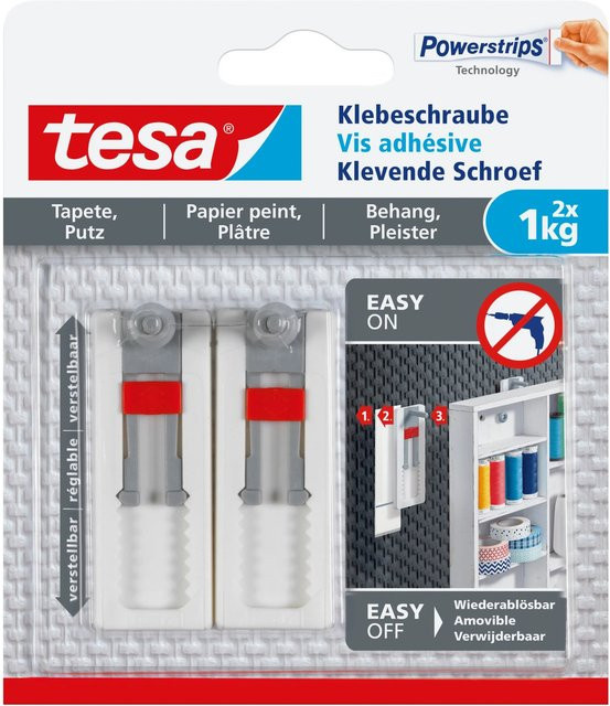 tesa Klebeschraube für Tapete und Putz in Weiß, höhenverstellbar und ablösbar, 2 Stück - Bild 1