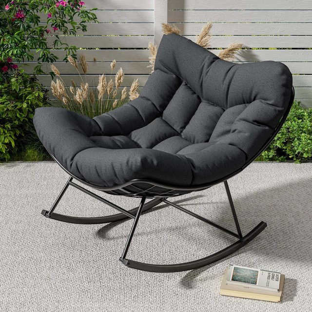 HiMISS Outdoor Papasan Schaukelstuhl mit Rattan-Design und Metallrahmen, Übergroßer Loungesessel mit Polsterung und Ottoman in Weiß oder Grau - Bild 1