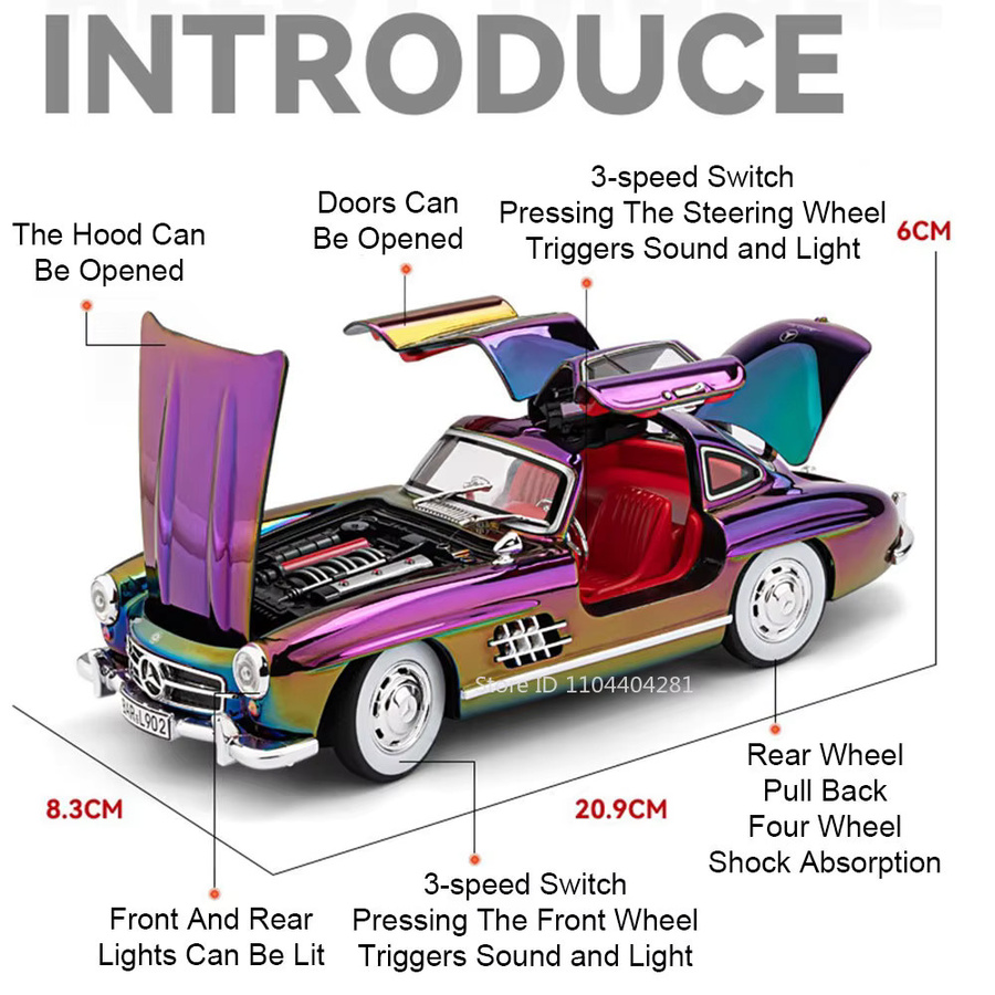 MAKEDA Vision GT 300SL Sportwagen Modell, 1:24, Druckguss Legierung, mit Sound und Licht, Zurückziehen, Türen geöffnet - Bild 4