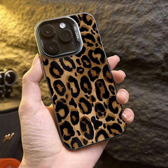 Yiran Bag Stoßfeste IMD Handyhülle mit Leopardendruck für iPhone 16 15 14 13 12 11 Pro Max Plus X XR XS SE2 in Schwarz und Braun - Bild 1