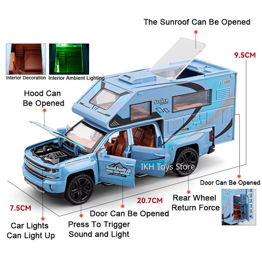 YBC YIBAICHENG Camping Auto Modell 1:32 Diecast Spielzeugauto aus Metall in Blau mit Licht und Sound - Bild 2