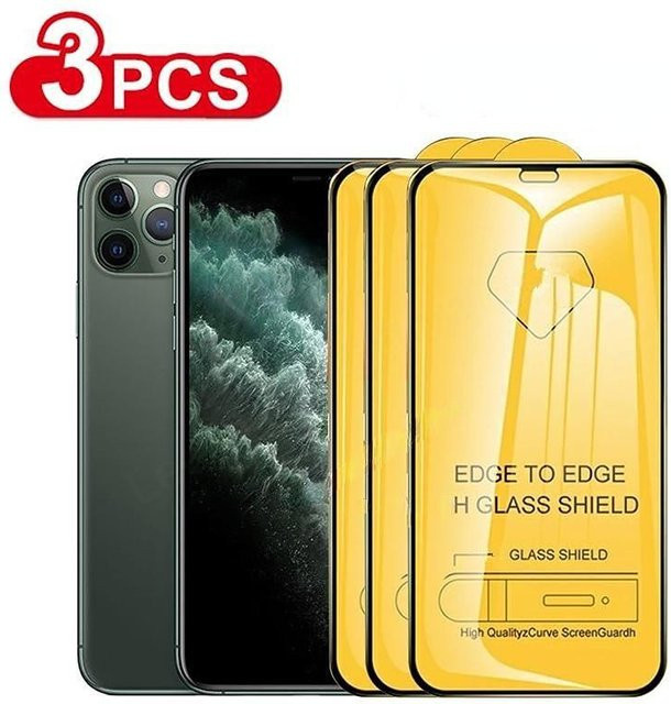 3er-Pack Panzerglas Displayschutz für iPhone 11 bis iPhone 17 Pro Max, Vollabdeckung, Schwarz/Transparent - Bild 1