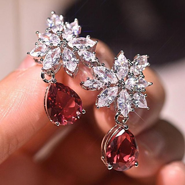 YIRAN Jewelry Hängeohrringe, Rot, Wassertropfen, Zirkonia, Damen - Bild 1