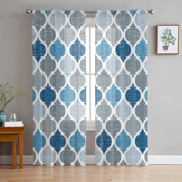 Yiran Furniture Transparente Marokkanische Vorhänge mit geometrischem Muster in Türkisgrau, Breite: 135 cm, Höhe: 115 cm - Bild 1