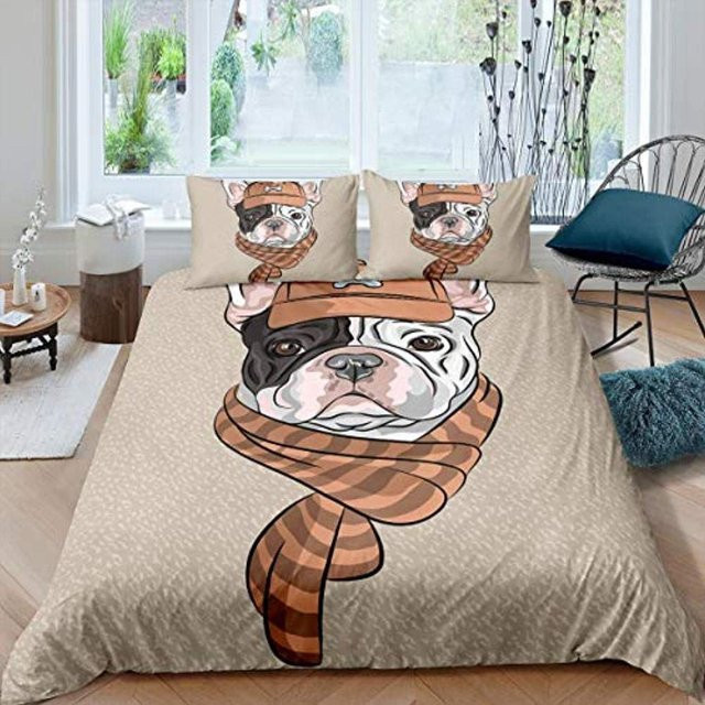 Bettwäsche Set Cartoon Bulldog König und Königin mit Bettbezug und Kissenbezug aus Polyester, Beige, B/H: 135 x 200 cm - Bild 1