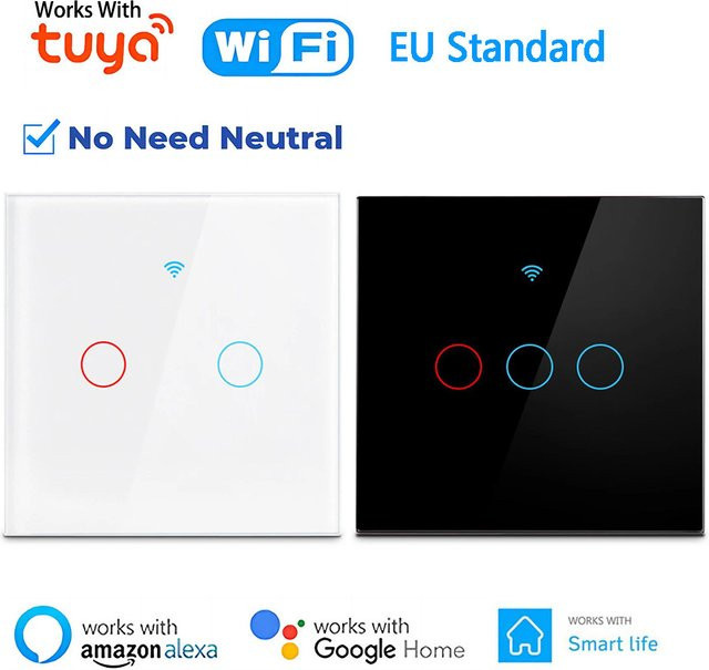 Szaoju WiFi Smart Lichtschalter mit Touch-Sensor in Weiß, moderner Glas-Lichtschalter für Smart Life App, Alexa und Google Home, ohne Neutralleiter, quadratisch, Aufputz-Montage - Bild 1