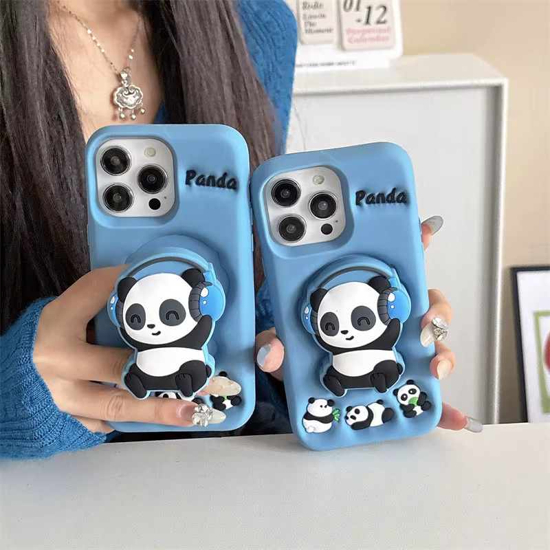 MUQGEW Panda Silikon Schutzhülle mit Teleskop-Halterung für iPhone 15 14 16 13 12 Pro Max in Blau - Bild 2