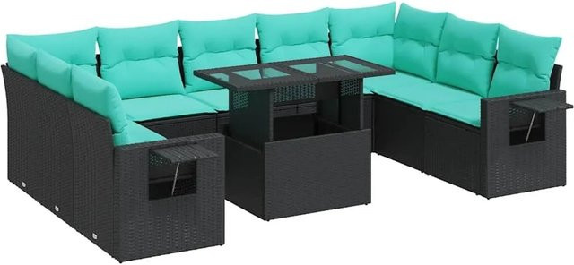 vidaXL 10-teilige Garten-Sofagarnitur aus Poly-Rattan mit Kissen in Schwarz und Blau - Bild 1