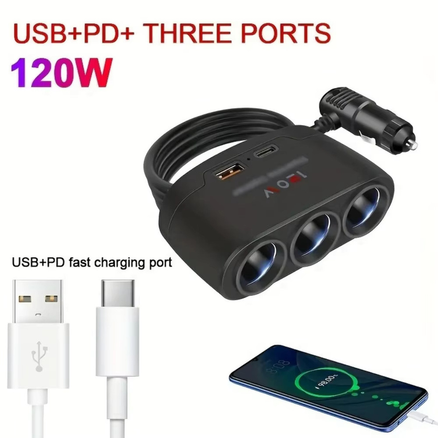 Universal USB Schnellladegerät QC 3.0 Auto-Adapter mit 120W Leistung und USB-A Buchsen in Schwarz - Bild 2